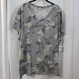1X 3X Style & Co Casual V Neck Grey Buttercream Yellow Floral Boho T Shirt Top
